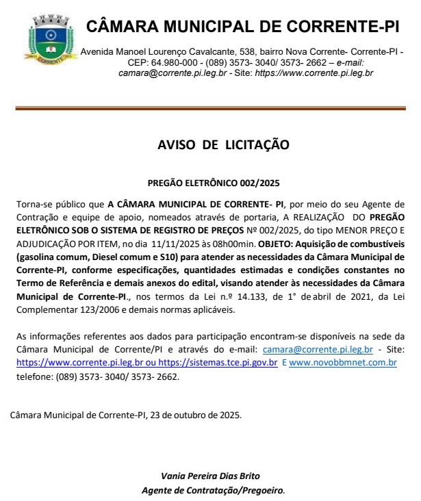 AVISO DE LICITAÇÃO: PREGÃO ELETRÔNICO SOB O SISTEMA DE REGISTRO DE PREÇOS Nº 002/2025, do tipo MENOR PREÇO E ADJUDICAÇÃO POR ITEM