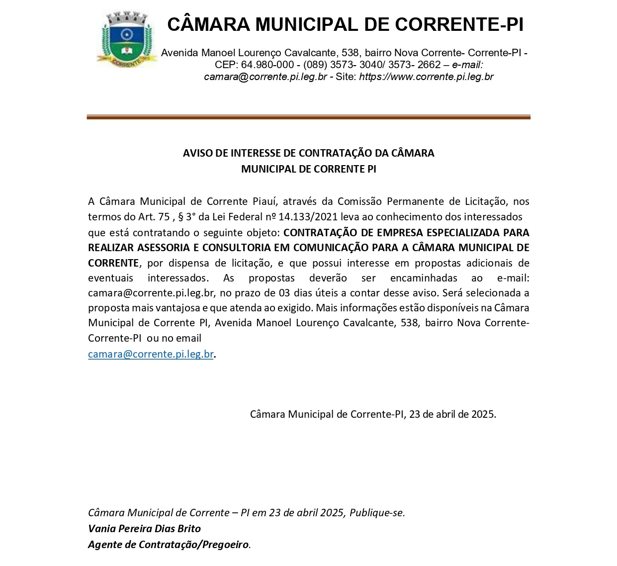 AVISO DE INTERESSE DE CONTRATAÇÃO DA CÂMARA MUNICIPAL DE CORRENTE