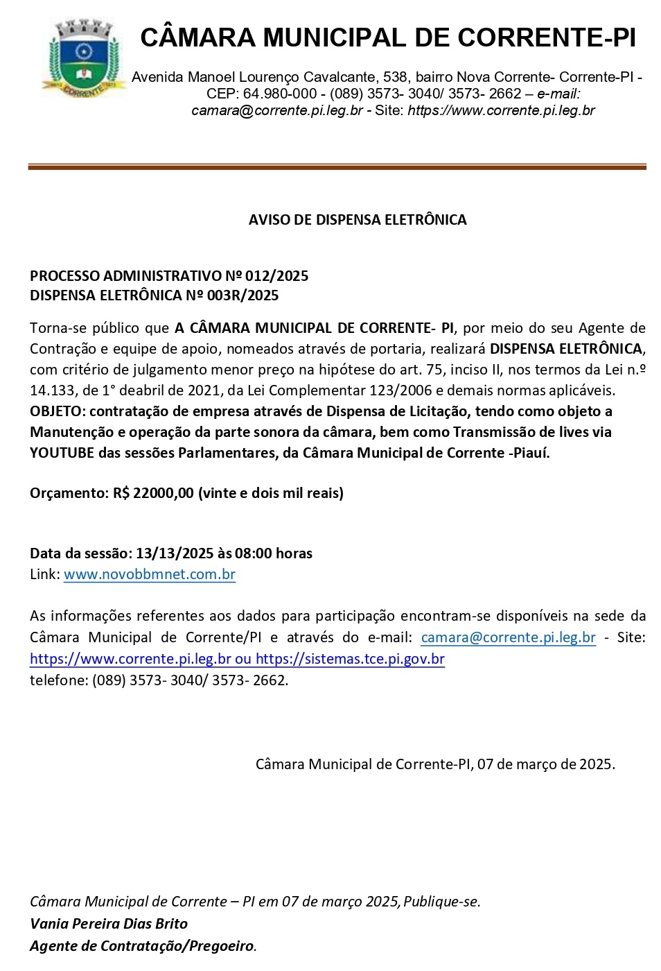 Aviso de Licitação DISPENSA ELETRÔNICA Nº 003R/2025 