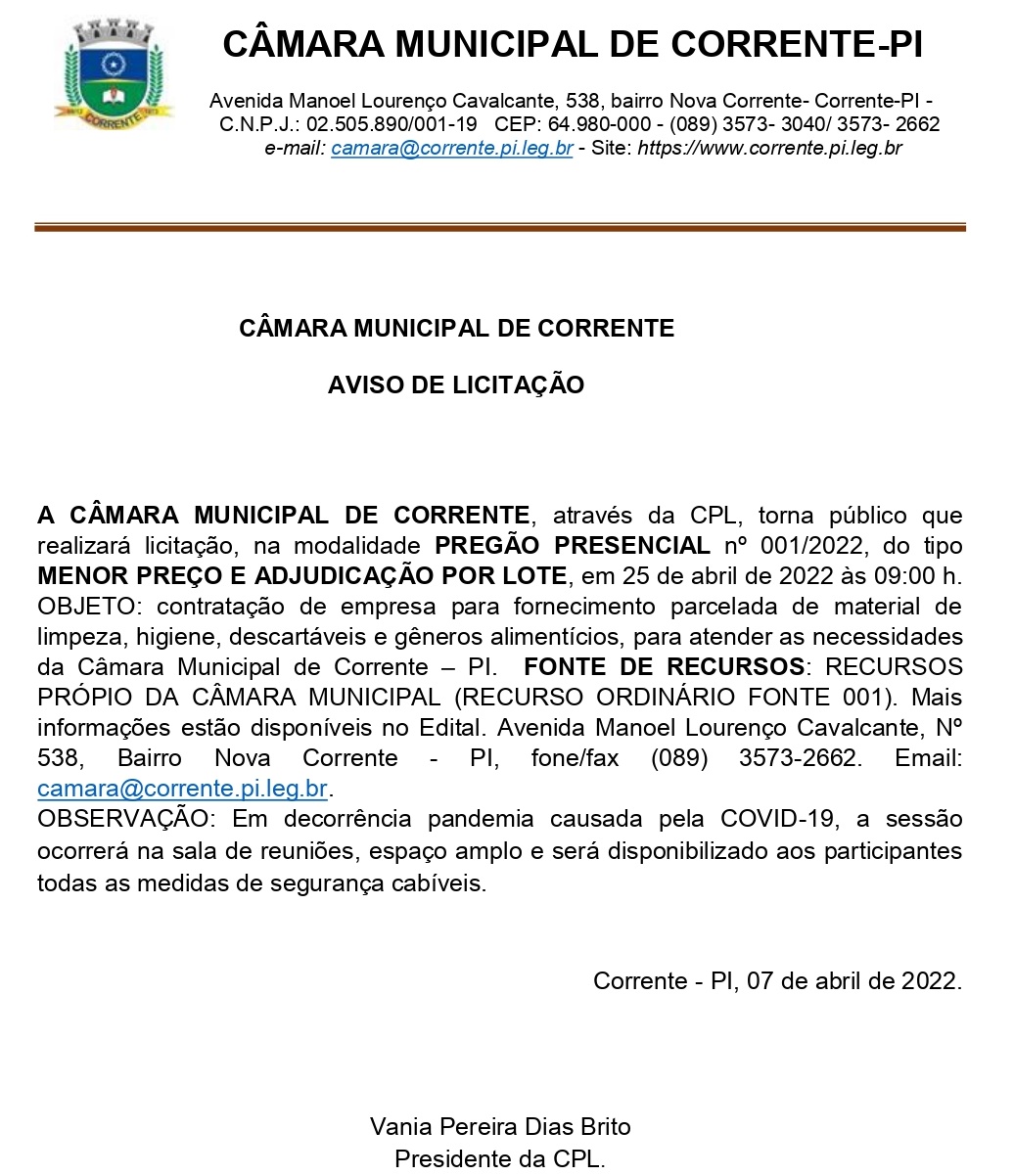 Aviso de Licitação Pregão Presencial abril 2022